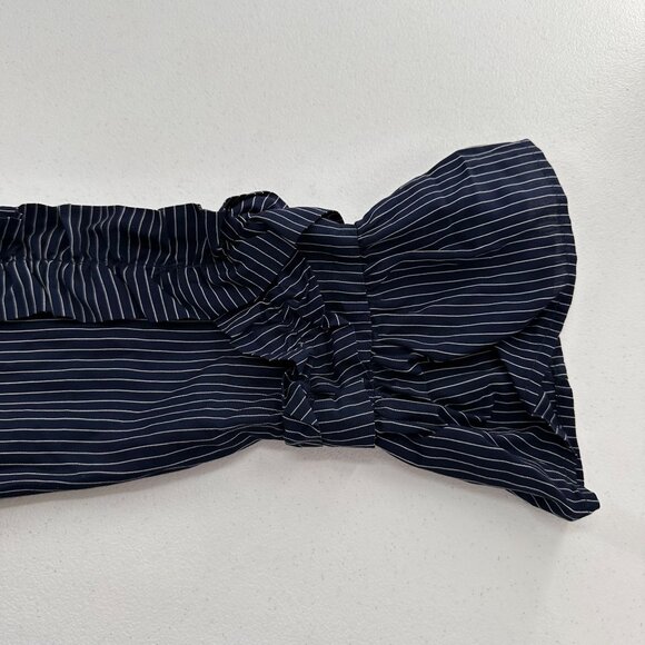 Luxology Navy Pinstripe Ruffle Sleeve Dress 8 Rayon Tencel Striped Old Money - Picture 7 of 10